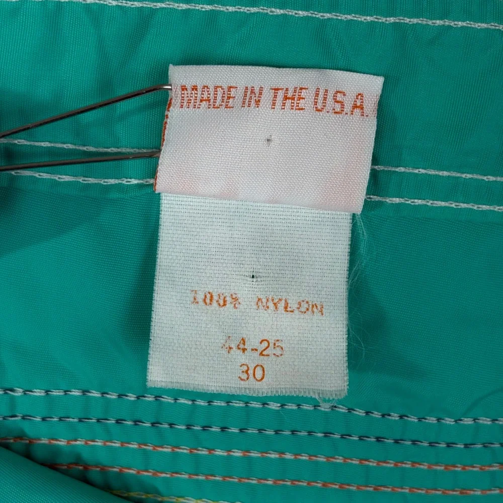 Vintage Sundek Board Shorts Mens 30 Teal Green Rainbow Stripe Nylon Made in USA